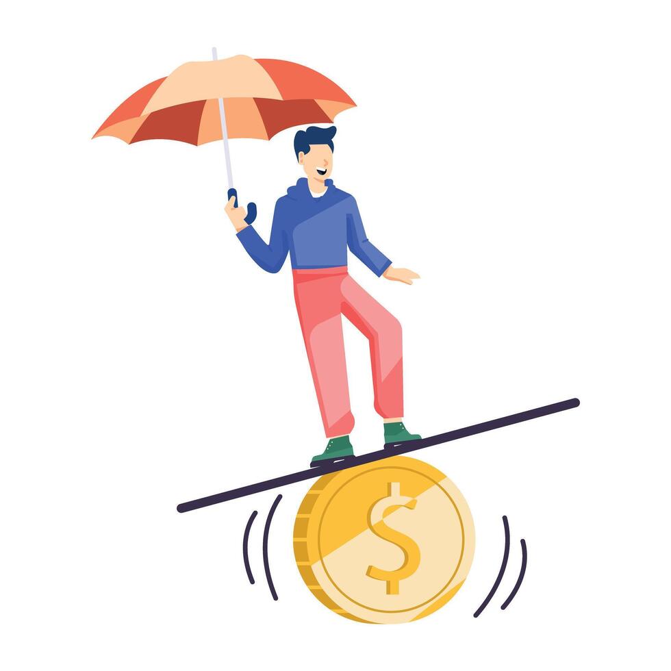 Man balancing on coin with umbrella, instability concept flat illustration vector