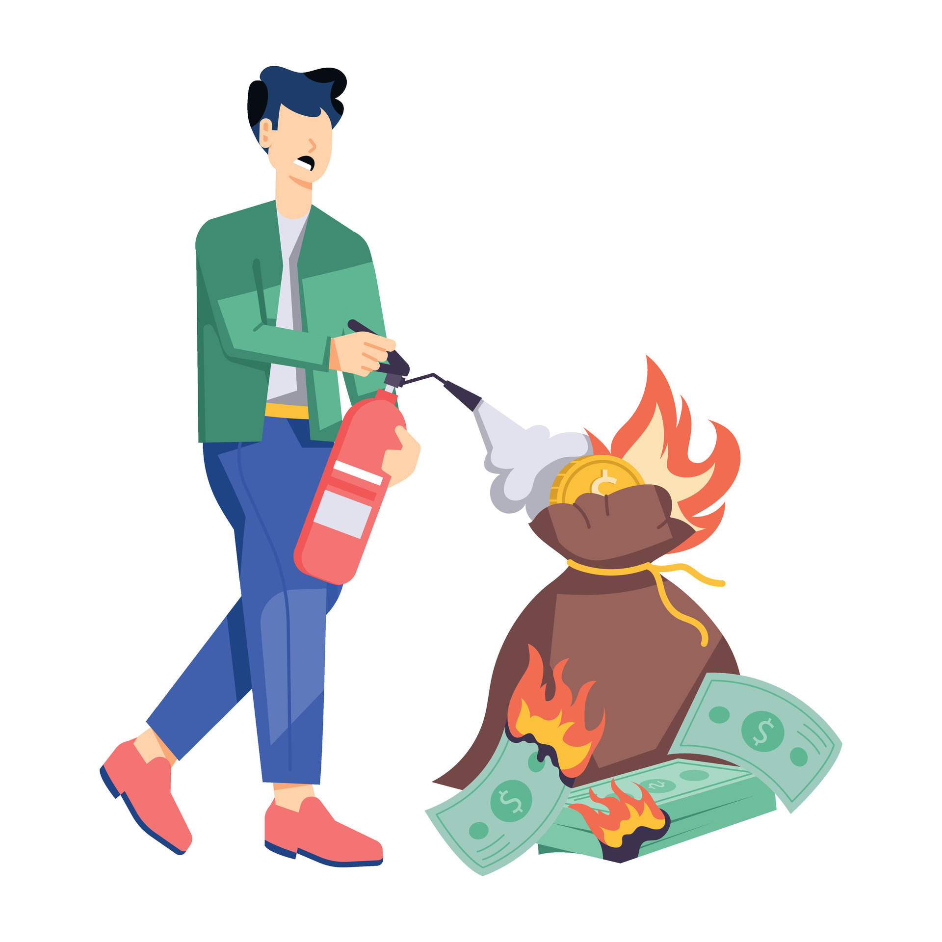 Man controlling burning costs with fire extinguisher, flat illustration