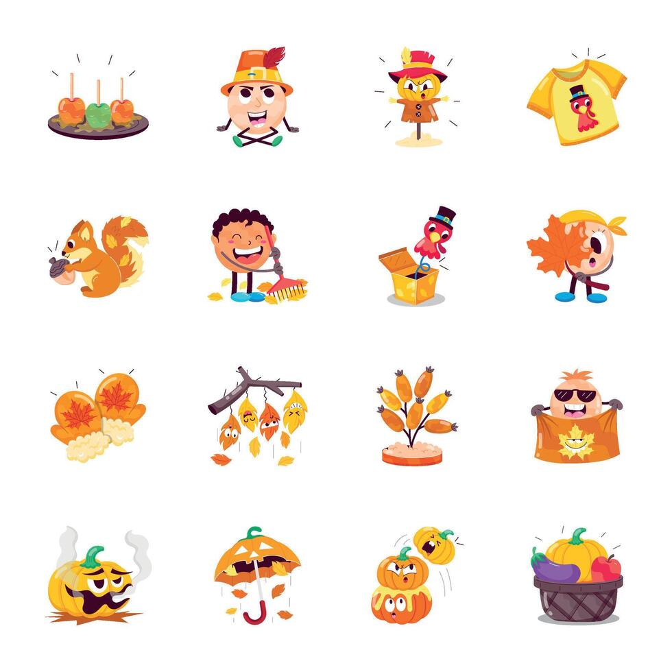 WebCollection of Cute Autumn Elements Flat Stickers vector