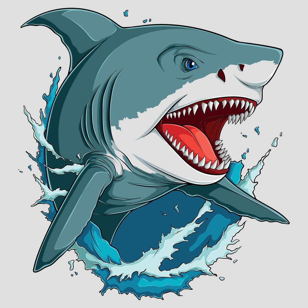 HandDrawn Comic Angry Shark Head Out of Water with Open Mouth, Big Teeth, and Waves vector