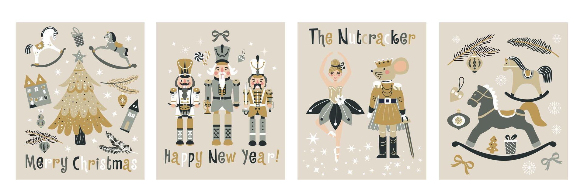 Happy New Year Nutcrackers banners set on Light Background. Postcard. Childish rocking horses. Christmas illustration. vector