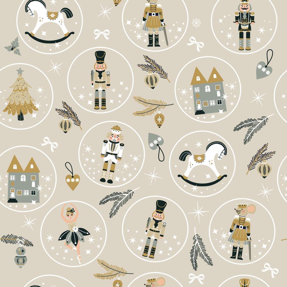 Seamless Christmas Pattern with Nutcrackers ballerina in on beige. New year illustration. vector