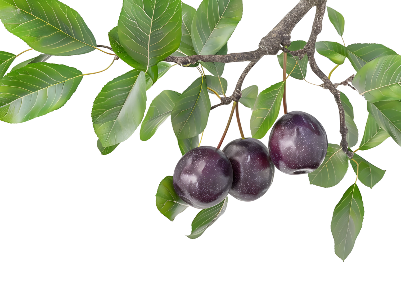 Dark purple fruits on branch, isolated on a transparent background png