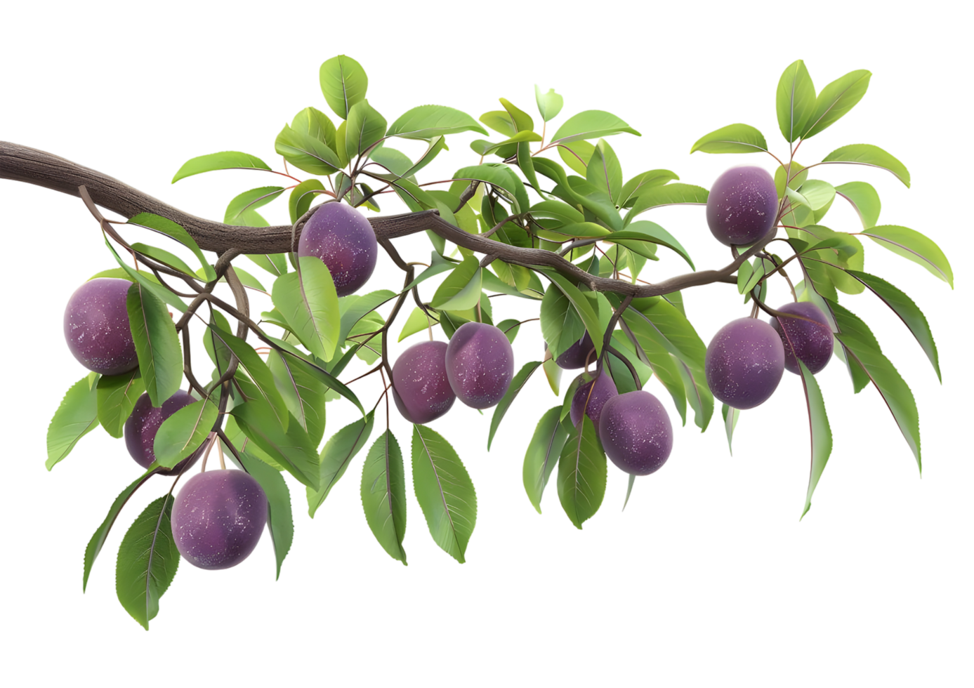 Tree branch with purple fruits, depicting the bounty of nature. Isolated on a transparent background png