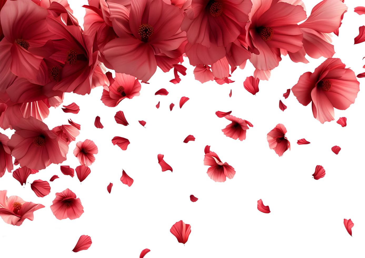 Pink and orange flowers with petals scattered, creating a vibrant floral design. Isolated on a transparent background png