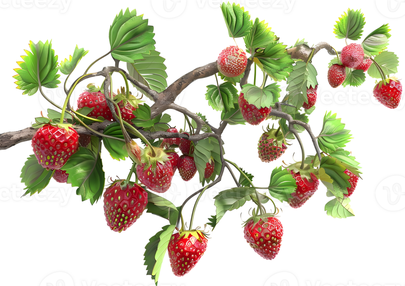 Strawberries on a branch, showcasing ripe and juicy berries. Isolated on a transparent background png