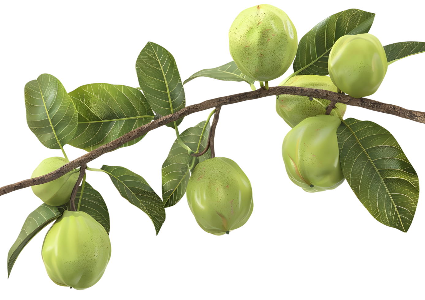 Tree branch with green fruits, representing unripe produce. Isolated on a transparent background png