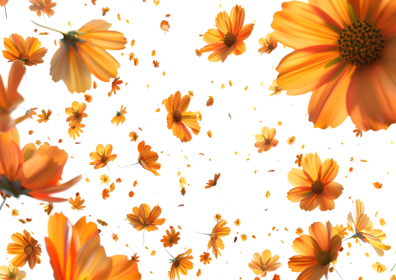 Orange gerbera daisies scattered artistically, creating a vibrant display. Isolated on a transparent background png