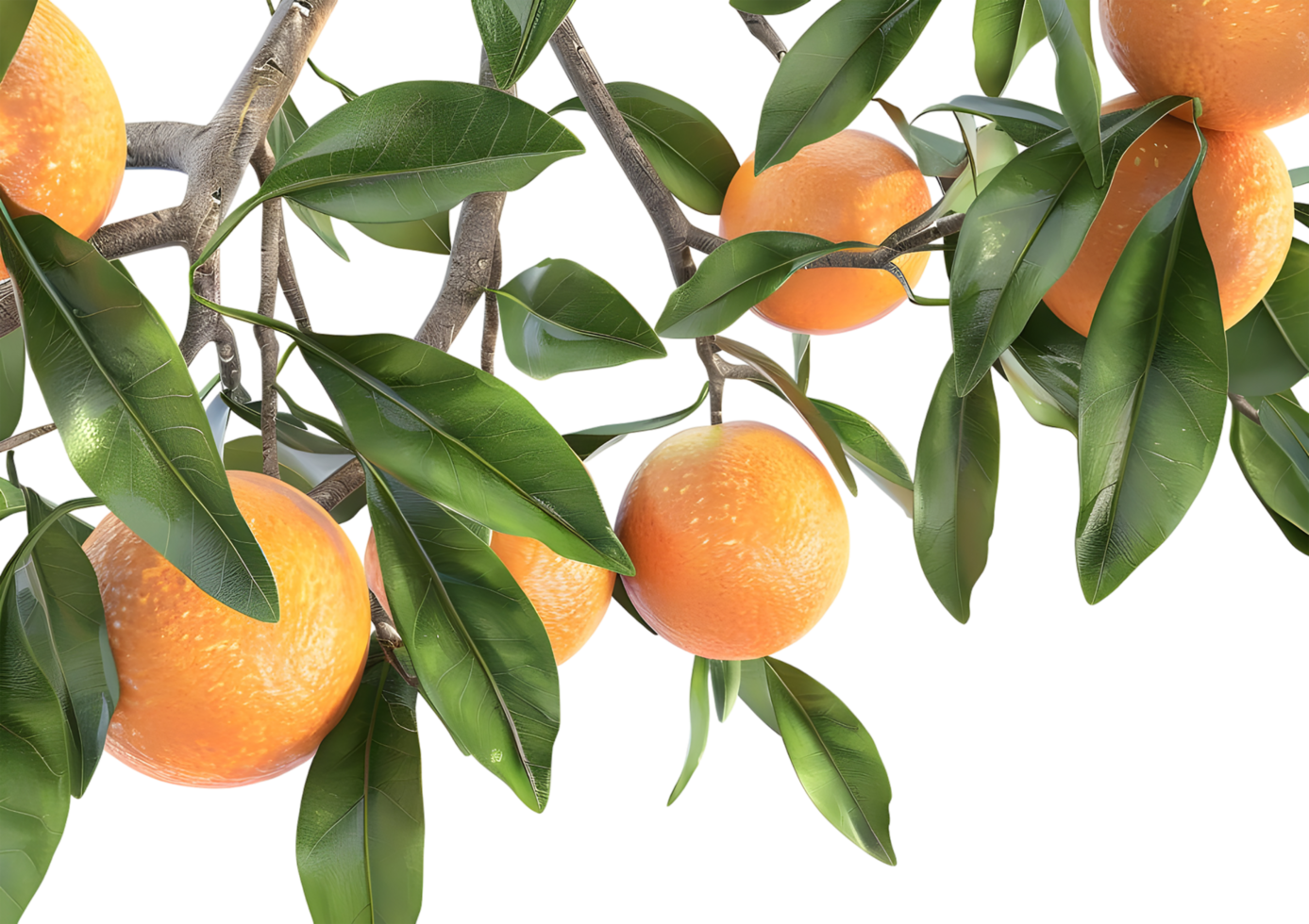 Oranges on a branch with lush green leaves, showcasing ripe citrus fruits. Isolated on a transparent background png