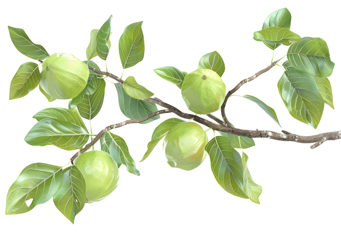 Branch with green fruits, highlighting nature's produce in a fresh setting. Isolated on a transparent background png