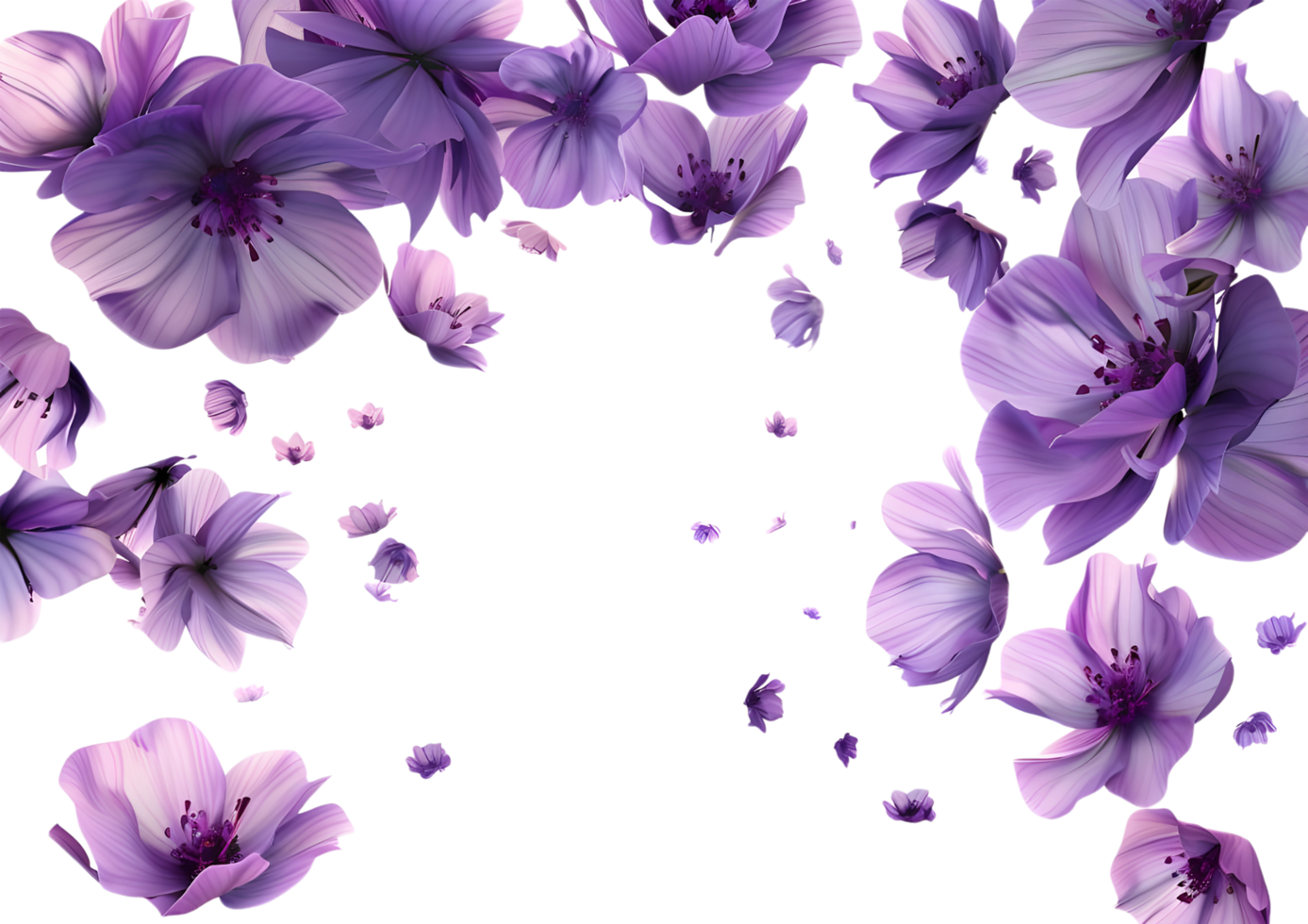 Purple flowers with petals scattered, creating a vibrant floral design. Isolated on a transparent background png