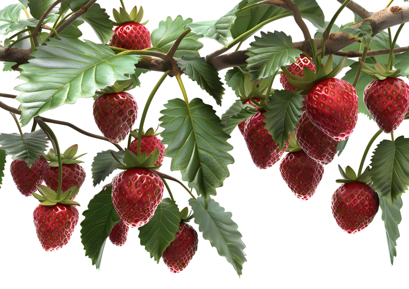 Strawberries on a branch, showcasing the freshness and ripeness of the fruit. Isolated on a transparent background png