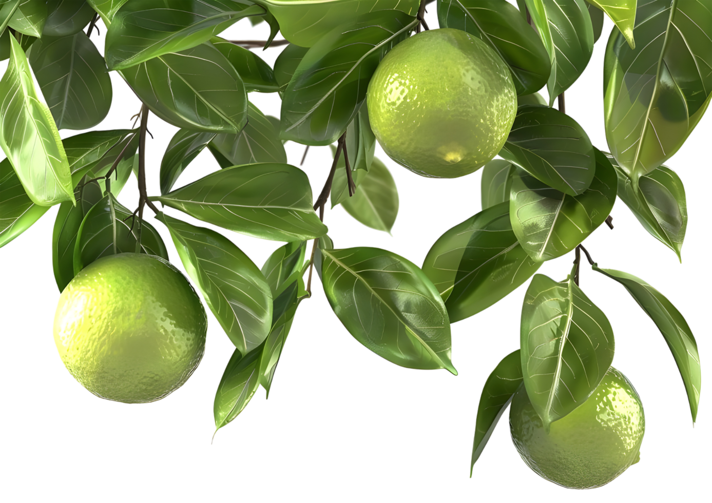 Green apples on a branch, depicting unripe fruit in a fresh setting. Isolated on a transparent background png