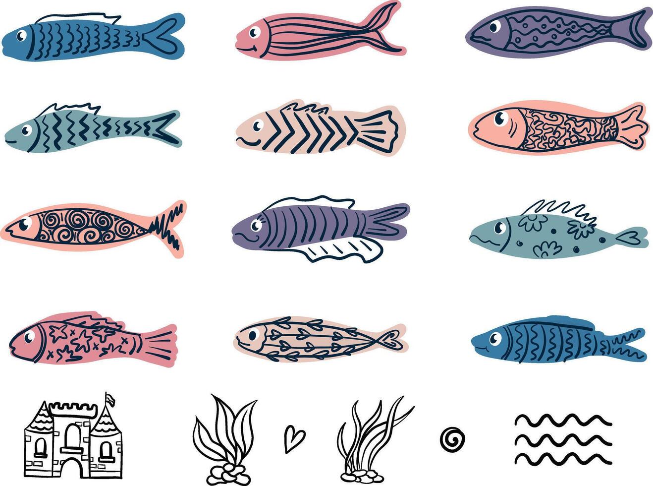 Fishes hand drawn set in doodle style vector