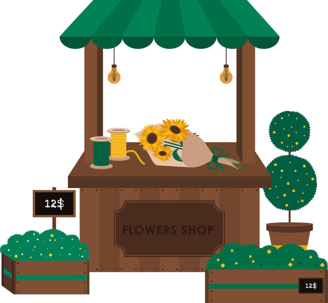 Flower shop flat illustration. Small shop with flowers bouquet vector
