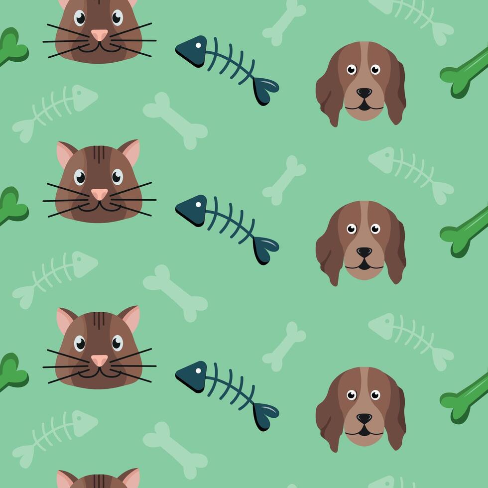 Pattern with cute cat and dog, paws and fish. Kids background vector