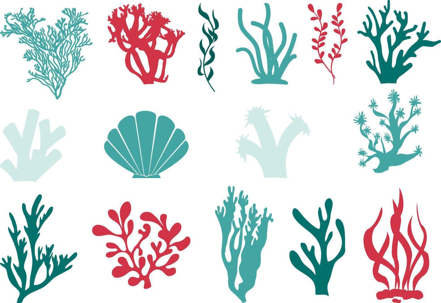 Under water marine coral and algae set. vector