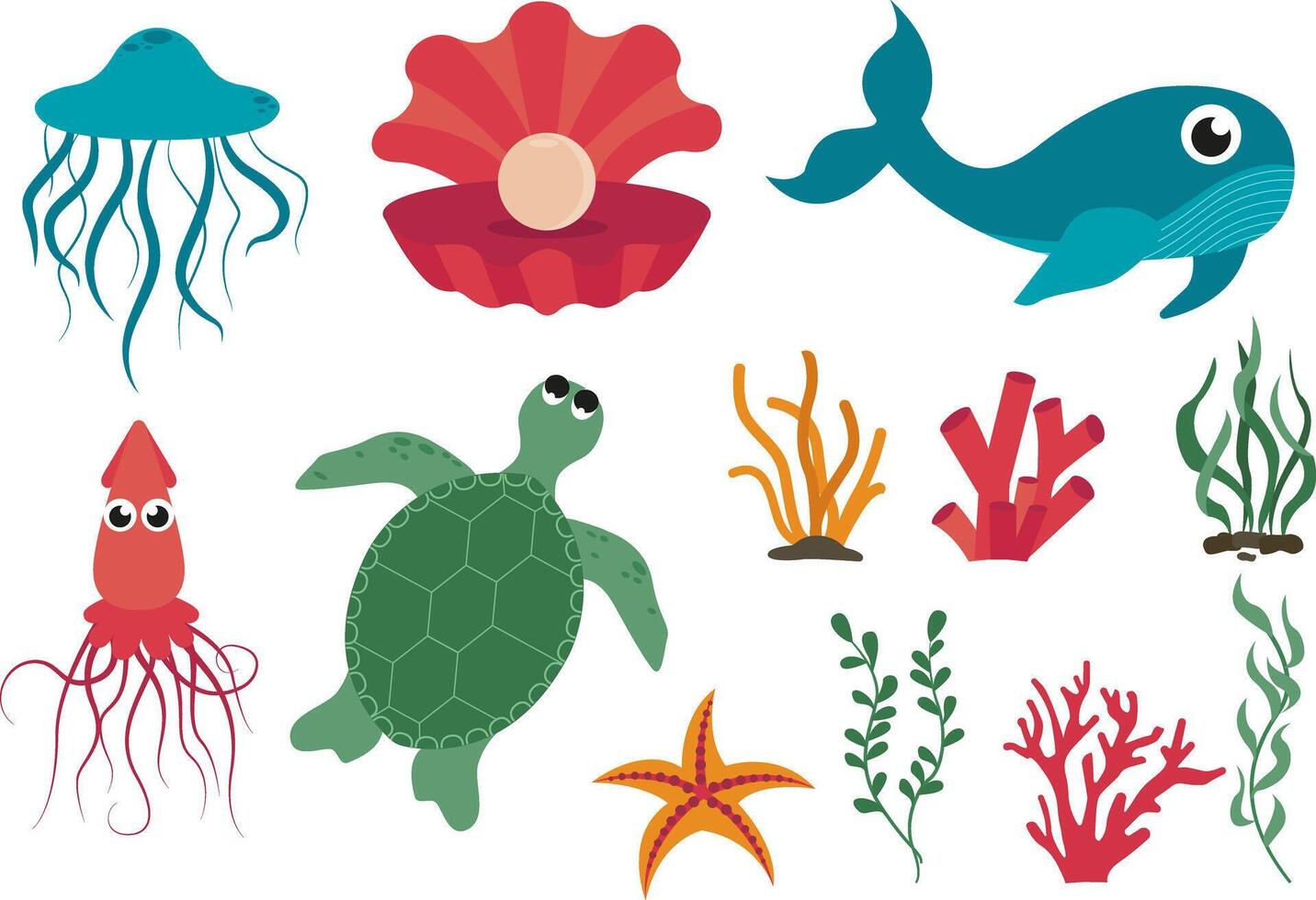 Sea animals and algae set vector