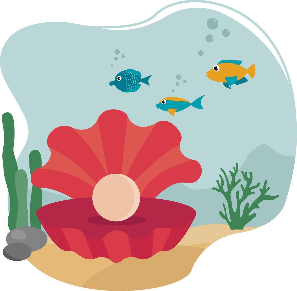 Shell with pearl in ocean, sea. Under the water vector