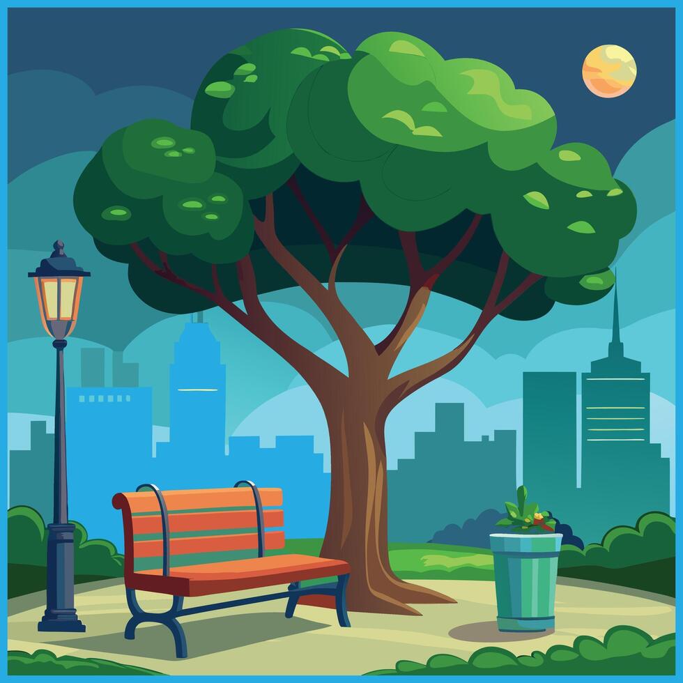 City park bench under a big green tree and lantern with urban landscape vector