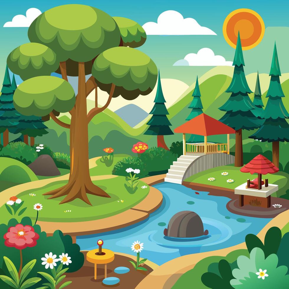 Cartoon scene of nature park and forest vector
