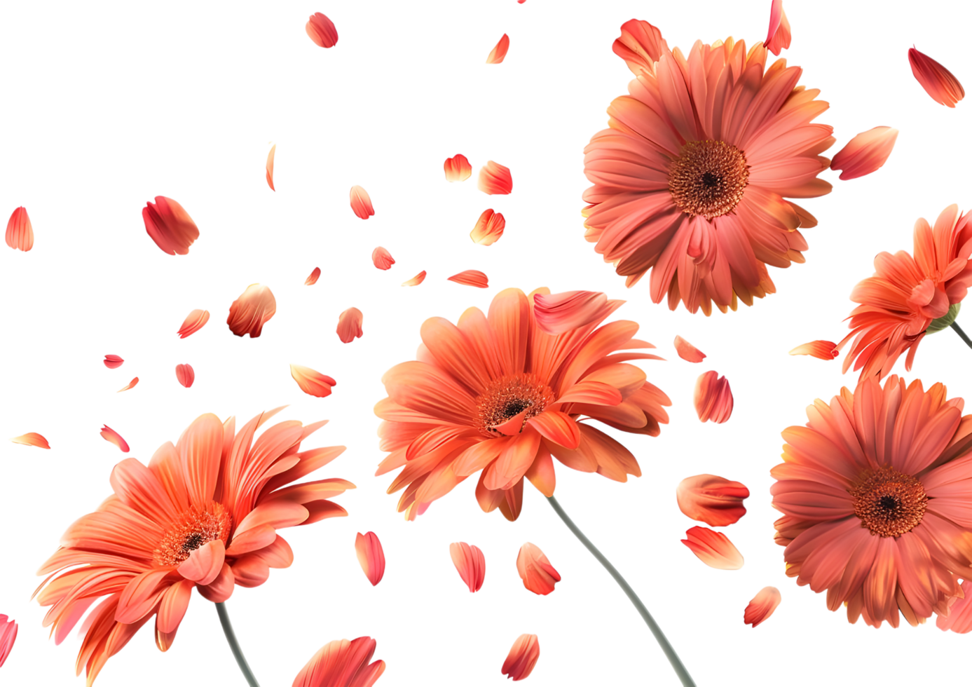 Orange flowers with petals scattered, creating a vibrant floral scene. Isolated on a transparent background png