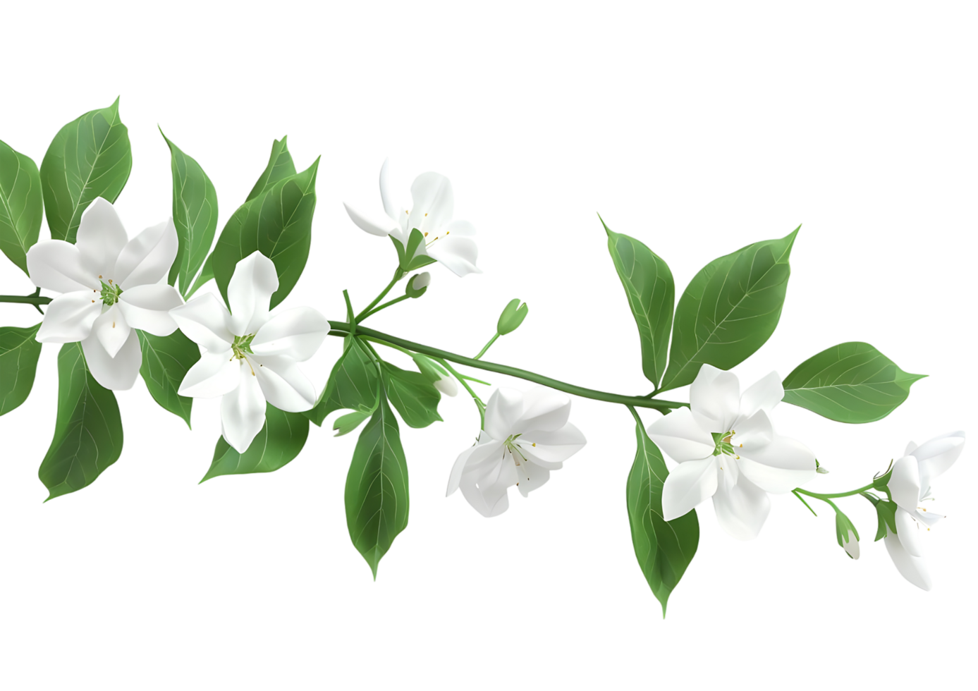White flowers with green leaves, representing purity and freshness. Isolated on a transparent background png