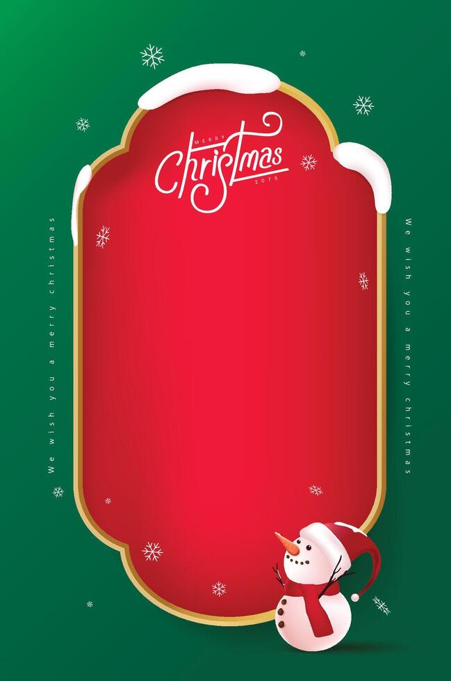 Merry Christmas sign banner red frame with empty space and snowman on green background vector