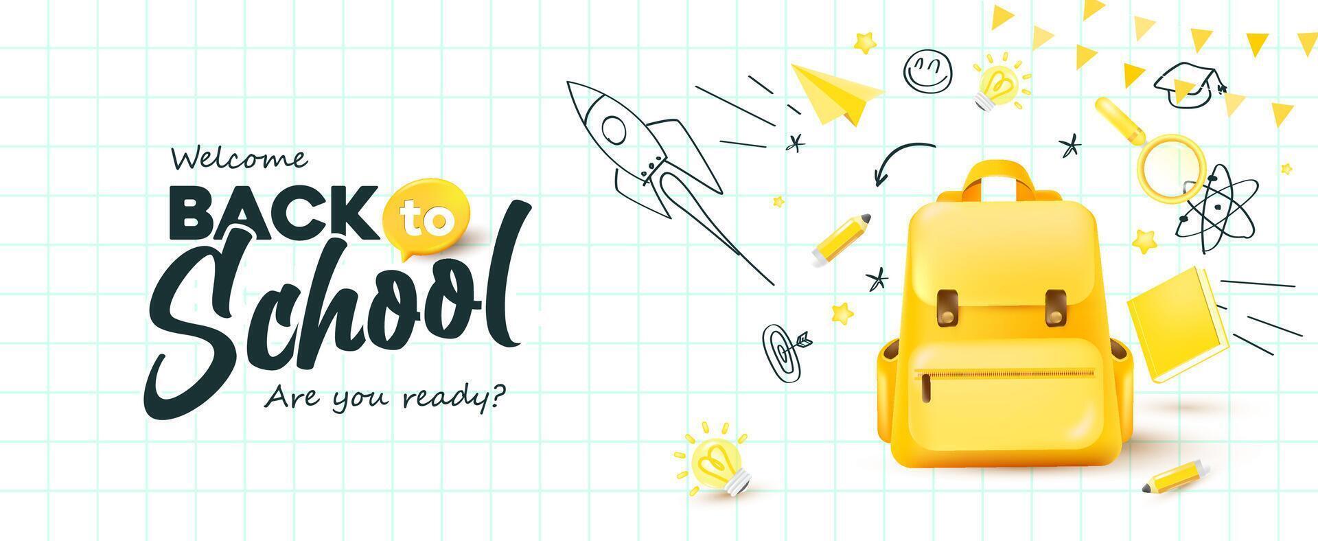back to school banner on lined paper background layout decorate with school supplies and hand drawn icon vector