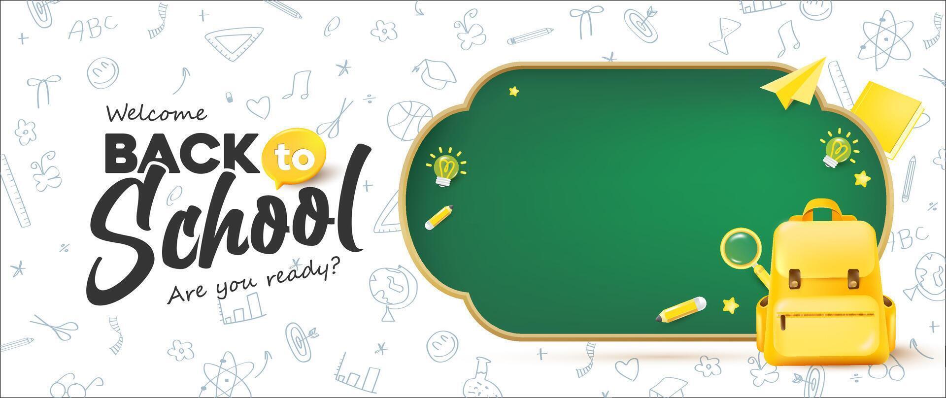 back to school banner on white background layout decorate with chalkboard school supplies and hand drawn icon vector