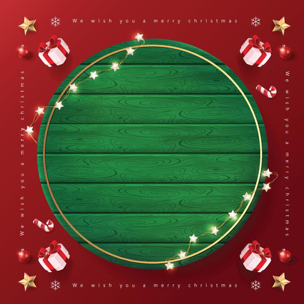 Merry Christmas sign banner green wood frame with empty space and festive decoration on red background vector