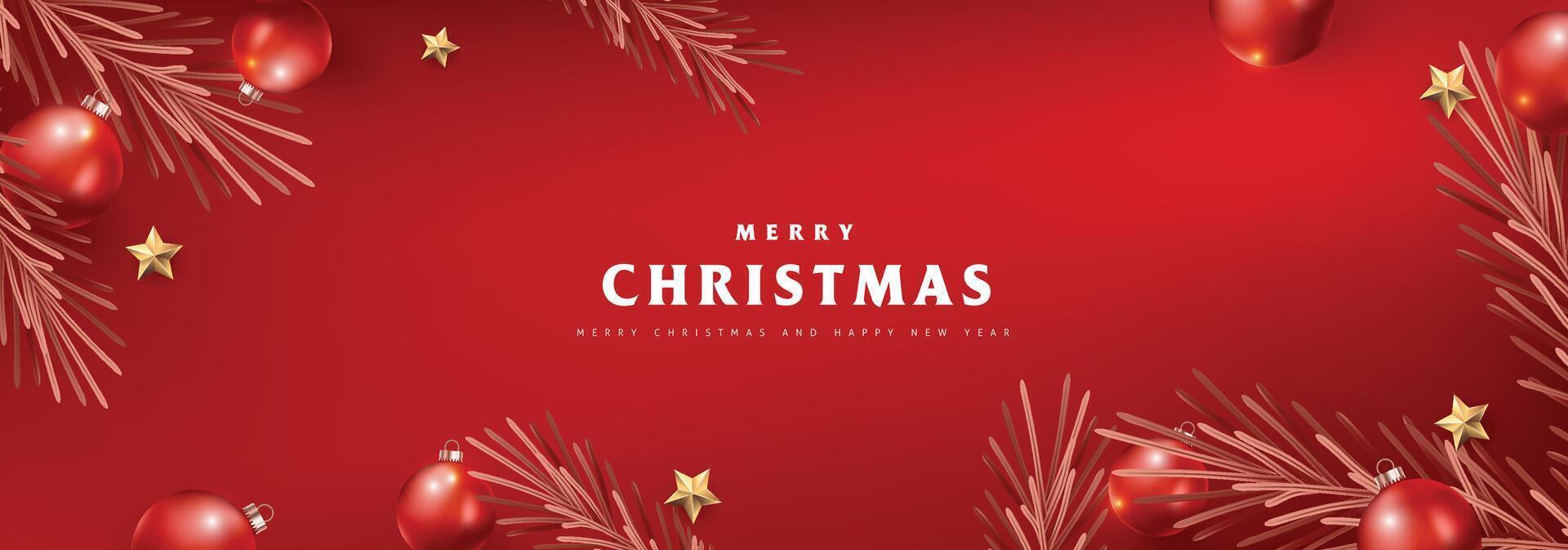 Merry Christmas and Happy New Year red Background Christmas Tree Branches decoration. Merry Christmas text Calligraphic Lettering illustration. vector