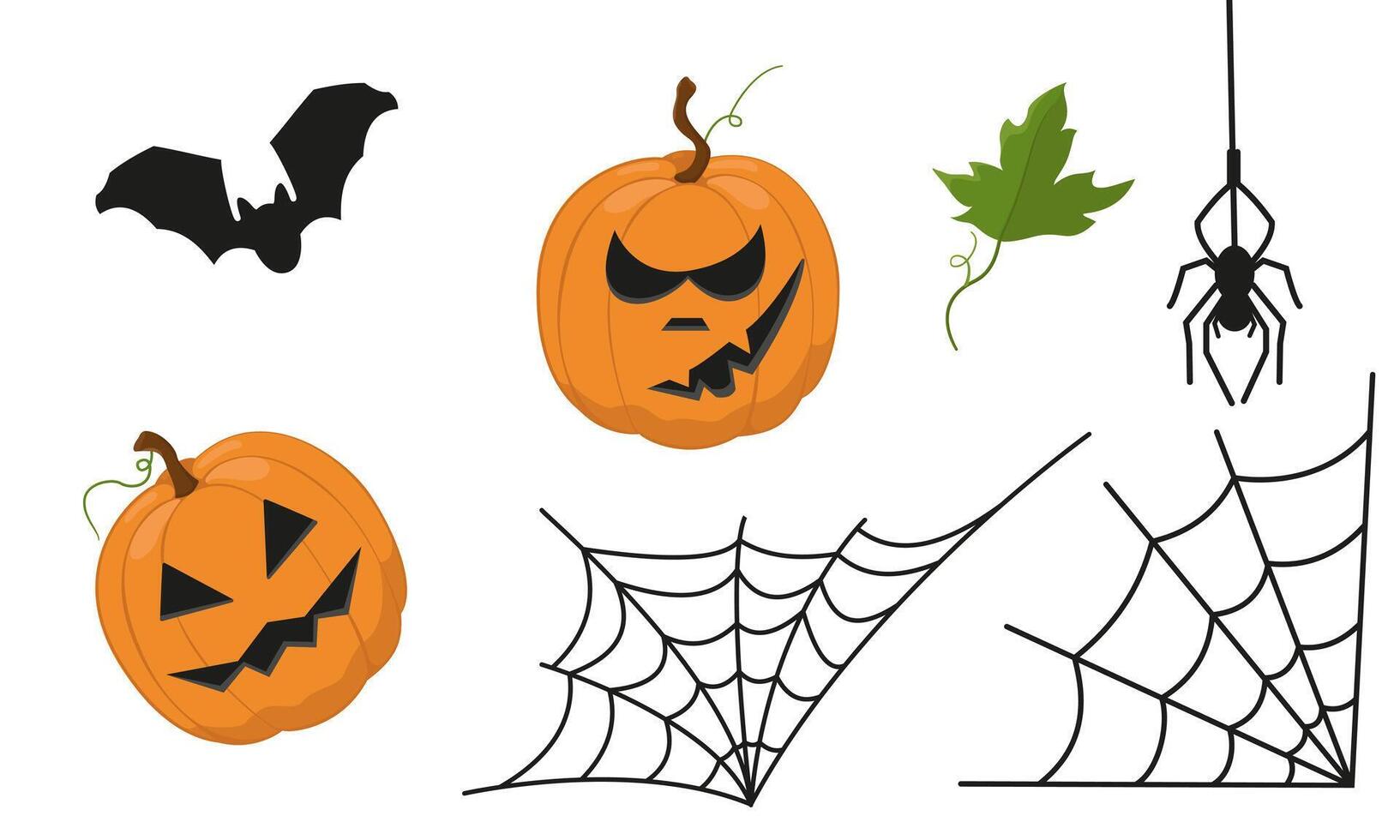 set of design elements for Halloween. Color image of a pumpkin with faces, a spider with a web and a bat. Creepy hand drawings on a white background. vector