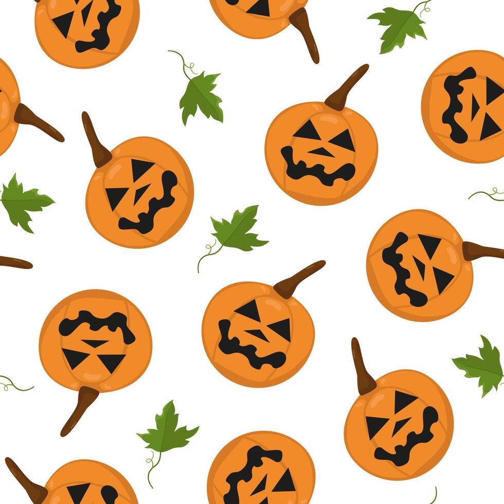 image of a Halloween pumpkin with leaves. Seamless pumpkin pattern with carved scary faces. Image for textiles, packaging and wallpaper. vector