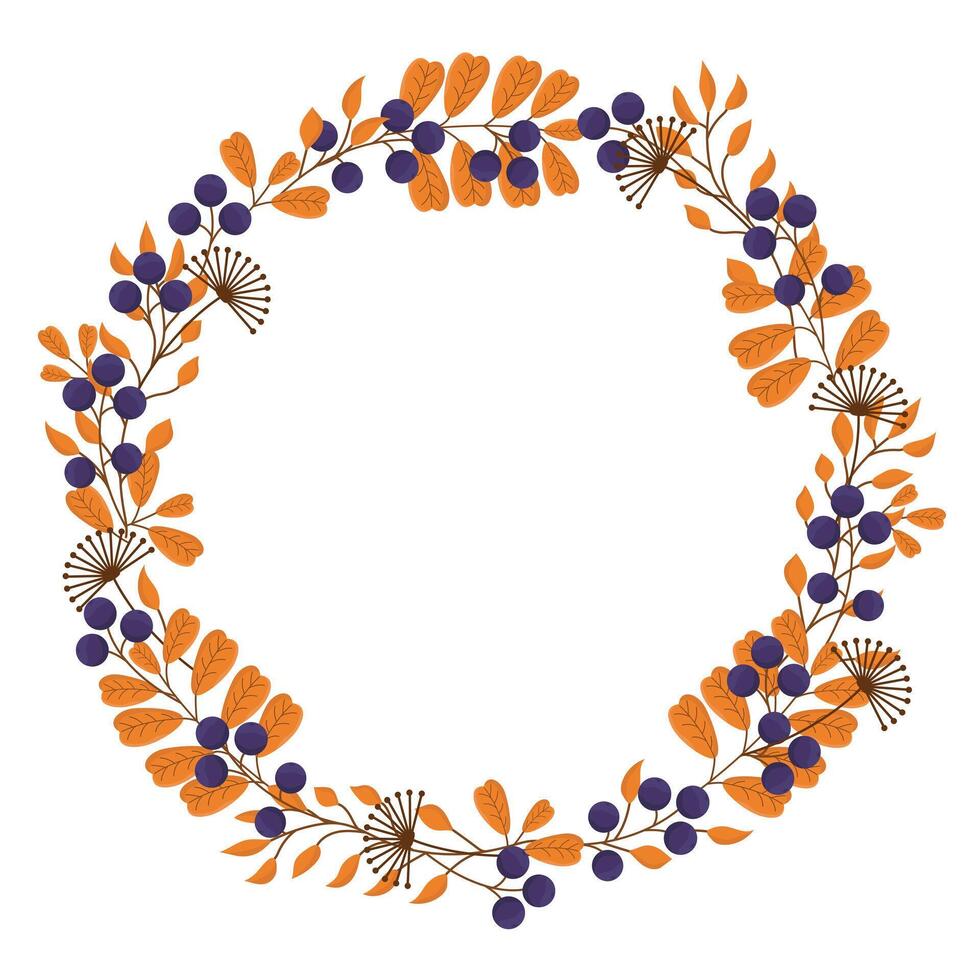 autumn wreath with orange leaves and ripe berries. Floral print for greeting cards, covers and invitations. Autumn wreath from the herbarium. vector