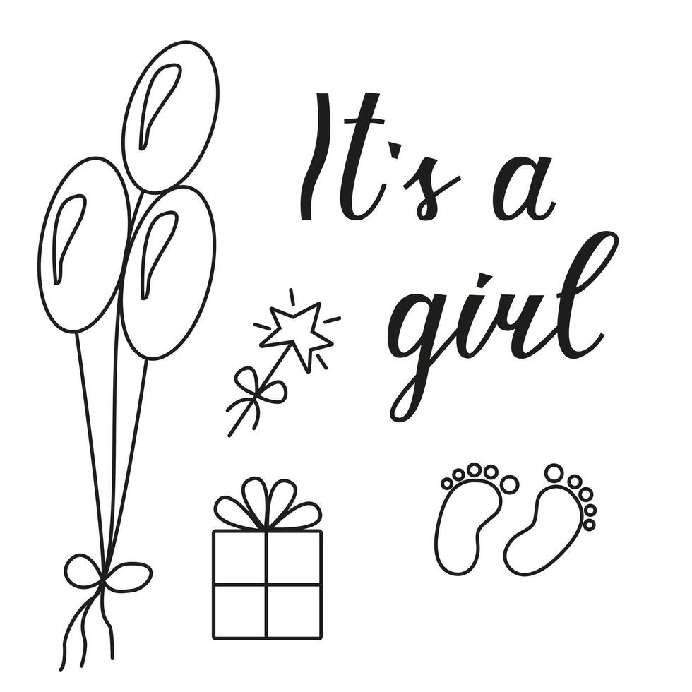 Greeting card for the birth of a Girl. Image of balloons and gifts in doodle style. invitation card template for baby gender reveal party. vector