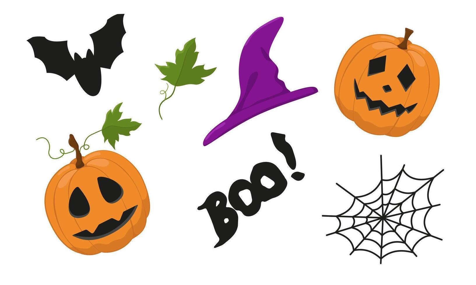 set of design elements for Halloween. Image of a pumpkin with faces, a hat, a cobweb and a bat. Creepy hand drawings on a white background. vector