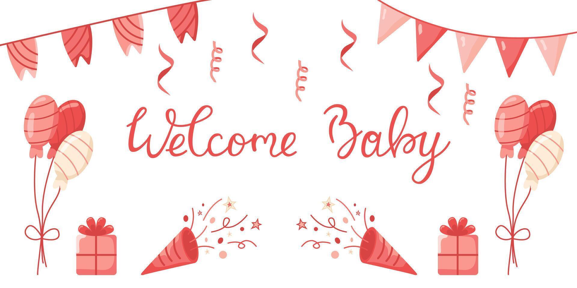 invitation card template for baby gender reveal party. Welcome baby greeting card. Color illustration with balloons and gifts in color for girls on a white background. vector