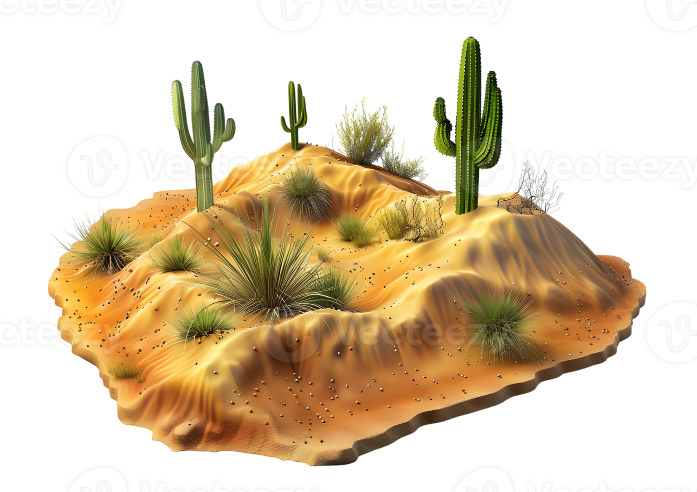 Cactus-filled desert model with sandy terrain. Isolated on a transparent background png