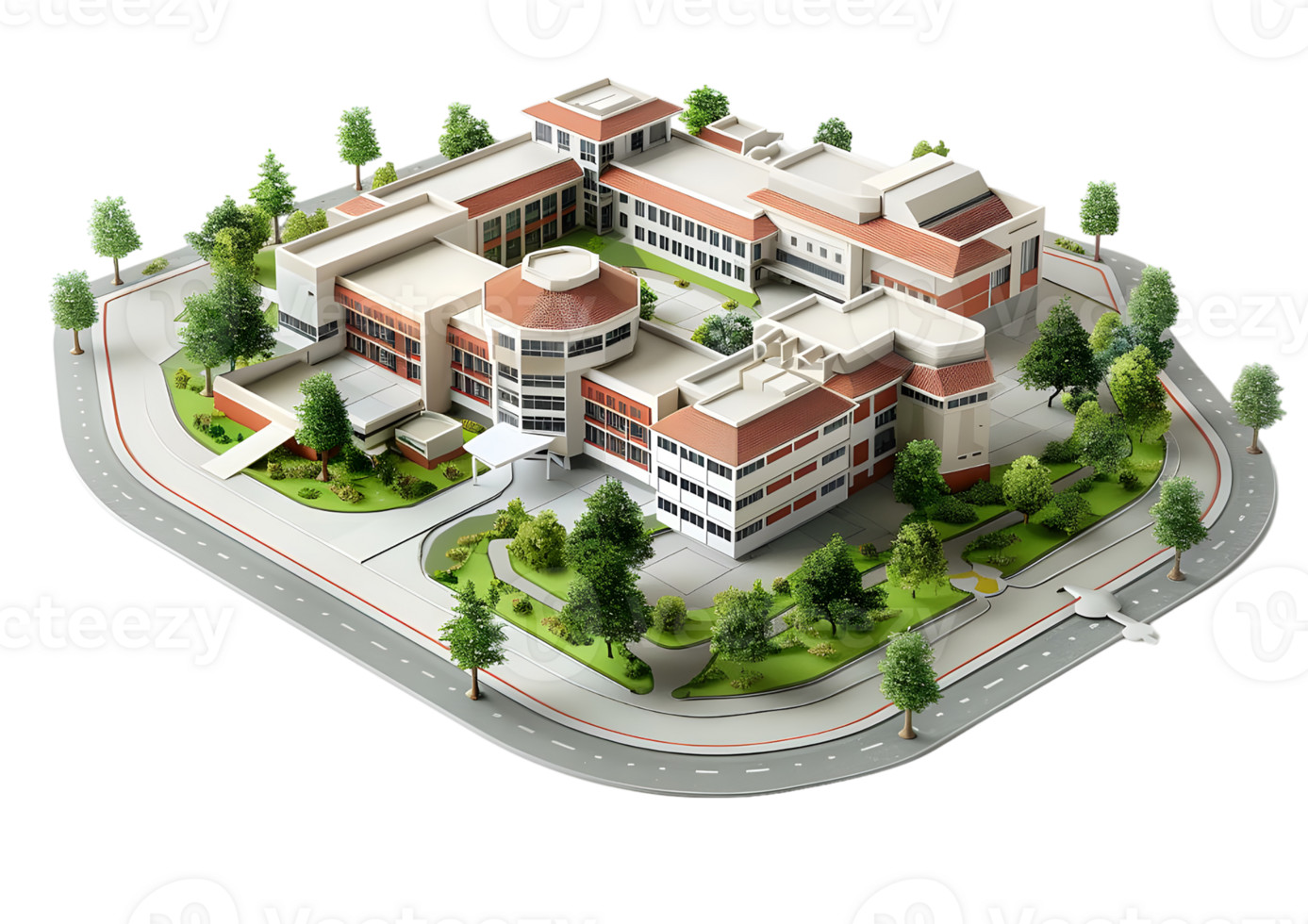Hospital building complex with modern design and landscaping, medical healthcare facility. Isolated on a transparent background. png