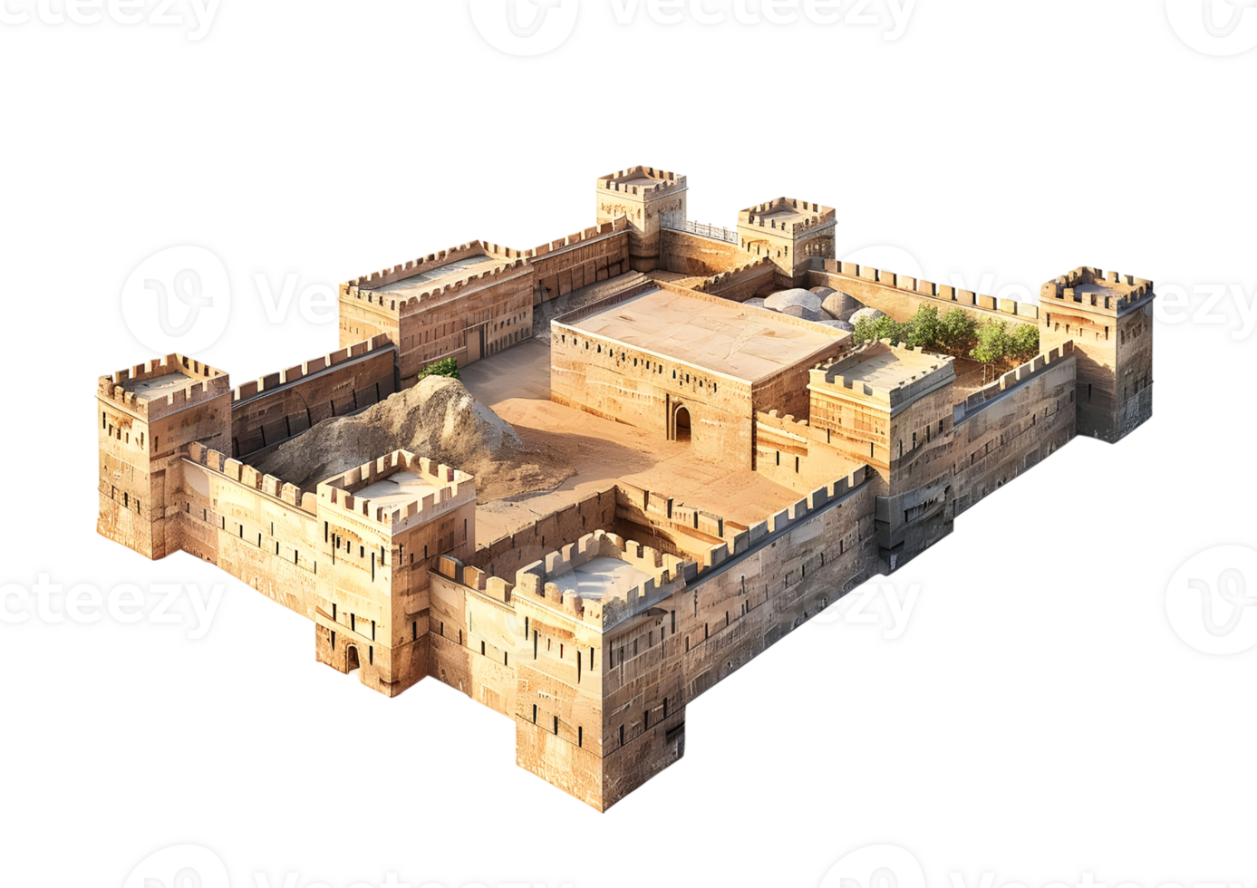 Large Medieval Fortress with Stone Walls Isolated on a transparent background png