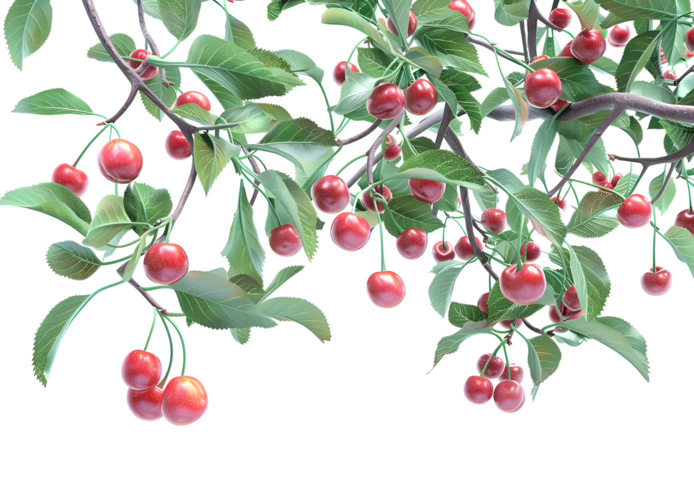 Cherries on a branch, showcasing ripe and juicy berries. Isolated on a transparent background png