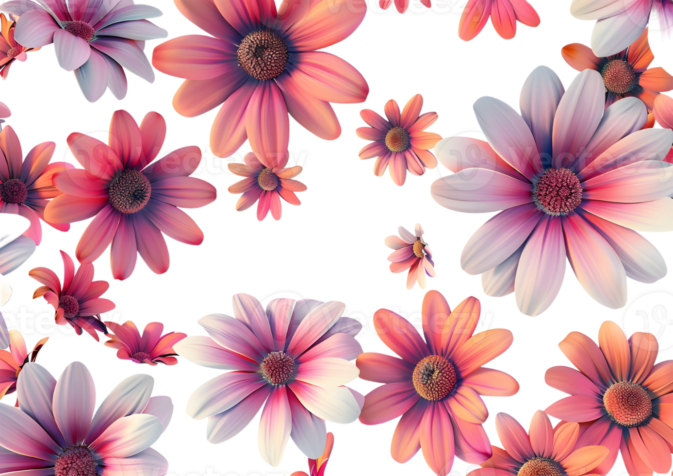 Pink flowers with petals scattered, creating a whimsical floral design. Isolated on a transparent background png