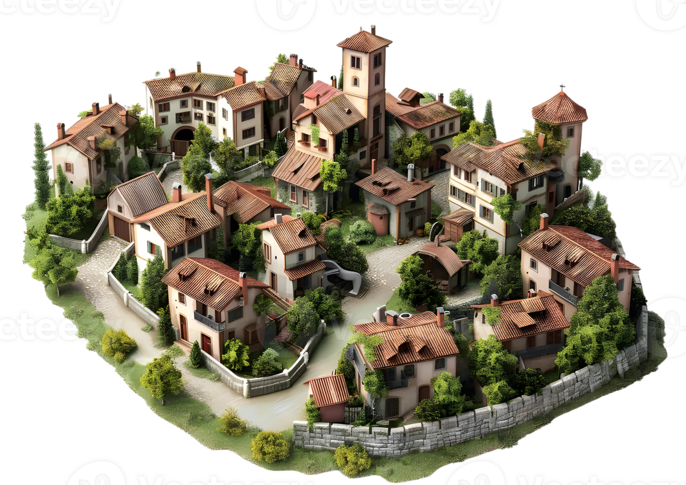 Medieval Village with Stone Houses Isolated on a transparent background png