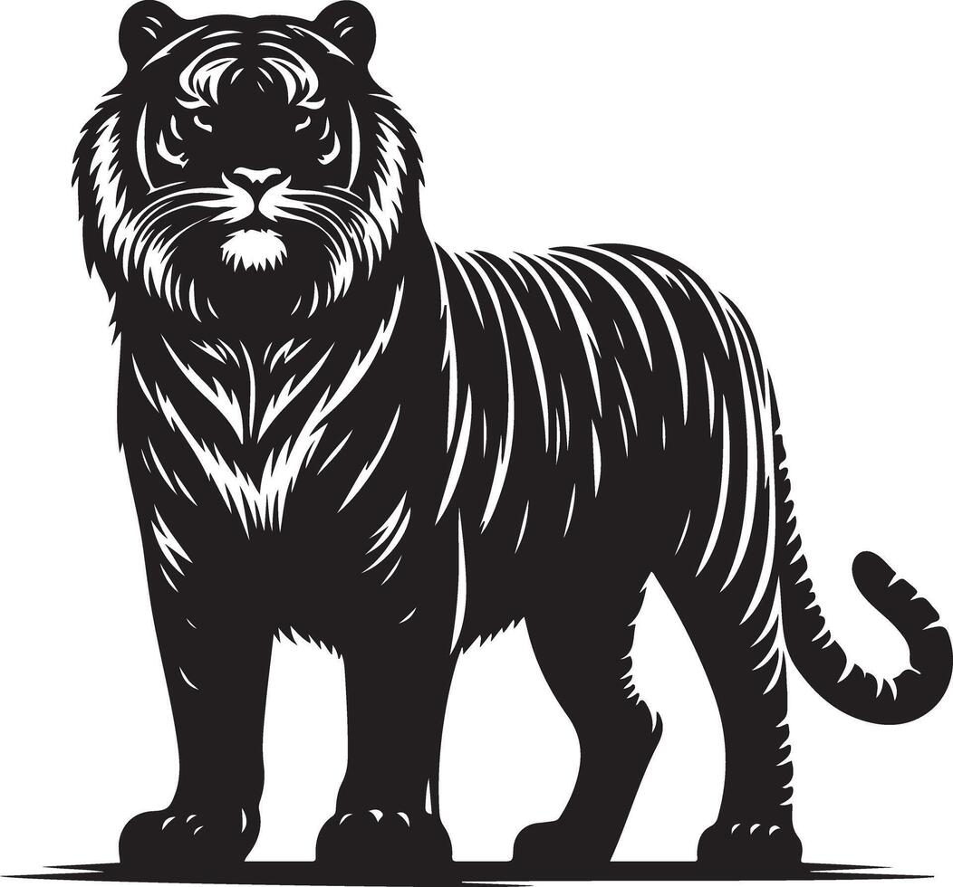 black silhouette of standing tiger on white background of illustration vector
