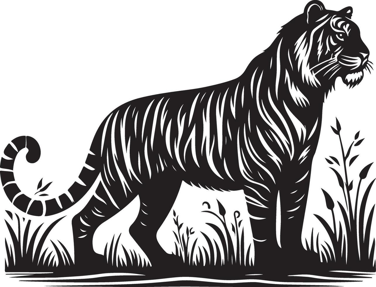 black silhouette of standing tiger on white background of illustration vector