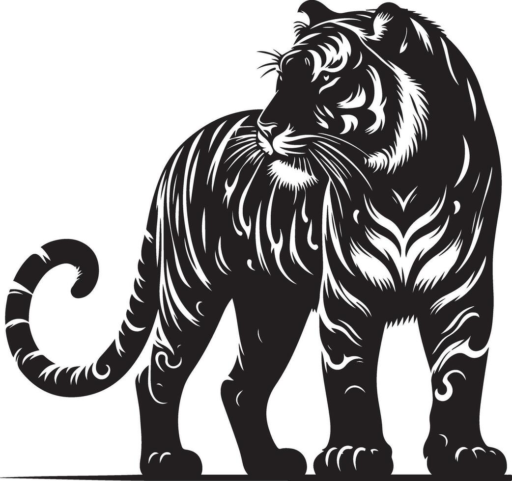 black silhouette of standing tiger on white background of illustration vector