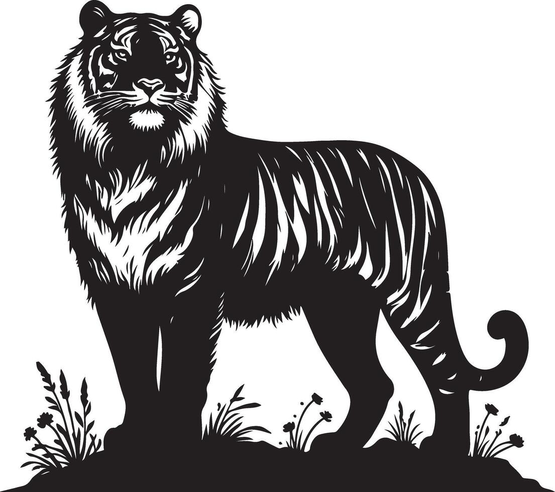 black silhouette of standing tiger on white background of illustration vector