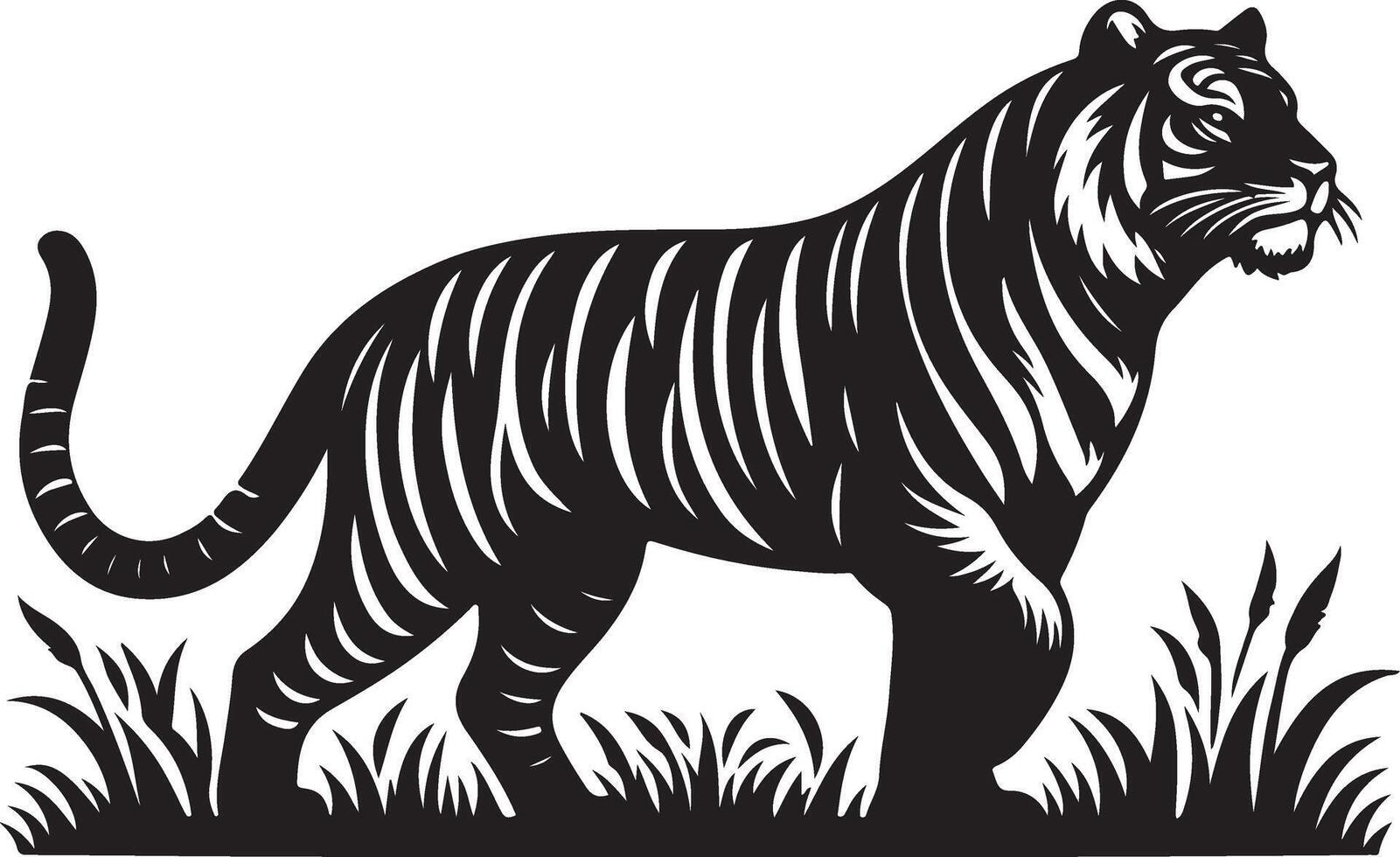 black silhouette of standing tiger on white background of illustration vector