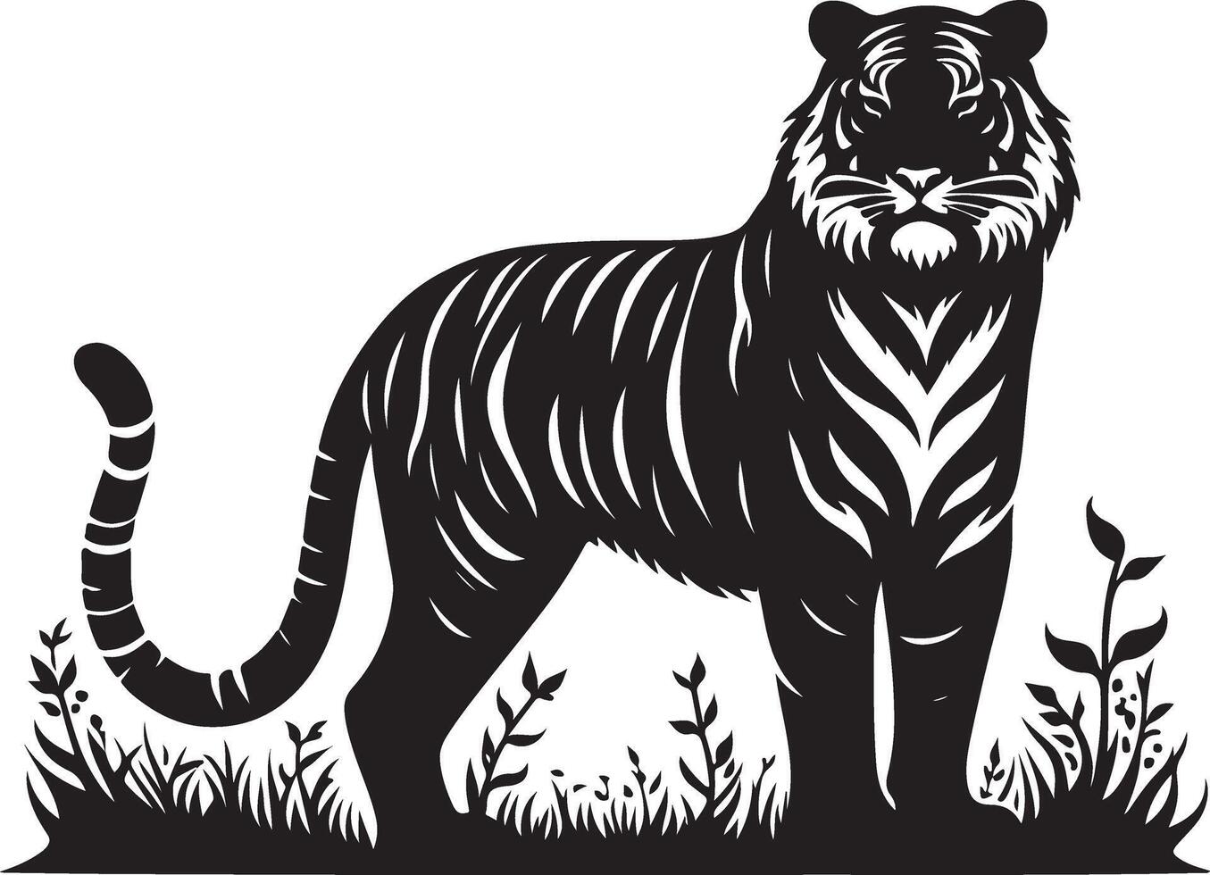 black silhouette of standing tiger on white background of illustration vector